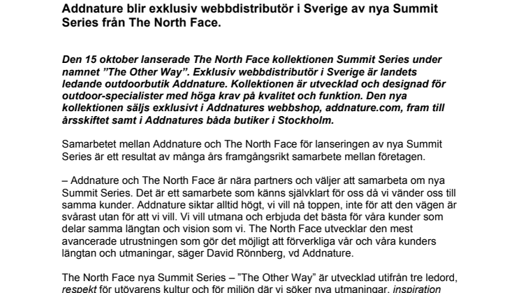 Addnature blir exklusiv webbdistributör i Sverige av nya Summit Series från The North Face