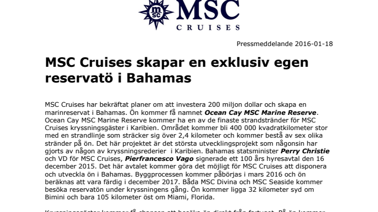 MSC Cruises skapar en exklusiv egen reservatö i Bahamas 