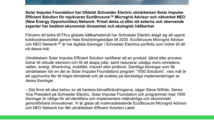 Schneider Electric tilldelas priset Solar Impulse Efficient Solution Label Award