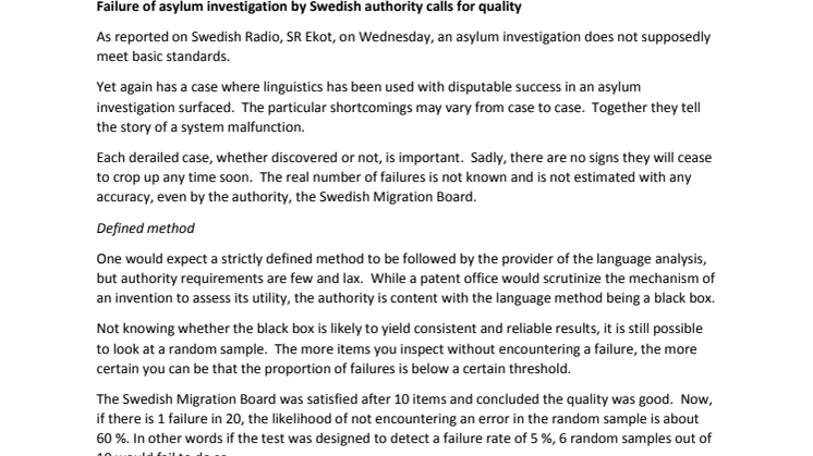 Failure of asylum investigation by Swedish authority calls for quality