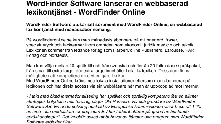 WordFinder Software lanserar en webbaserad lexikontjänst - WordFinder Online 