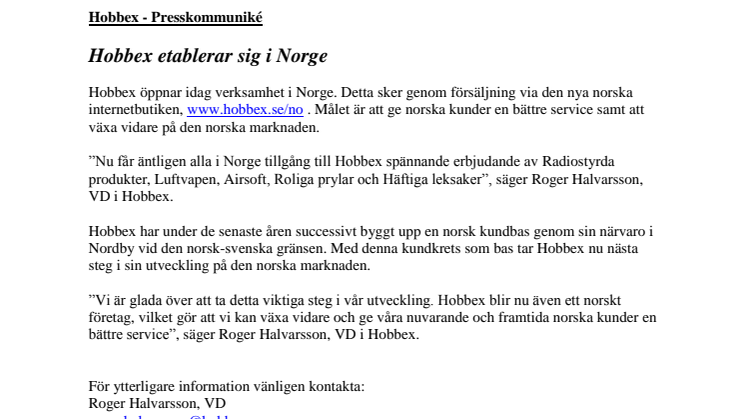 Hobbex startar i Norge