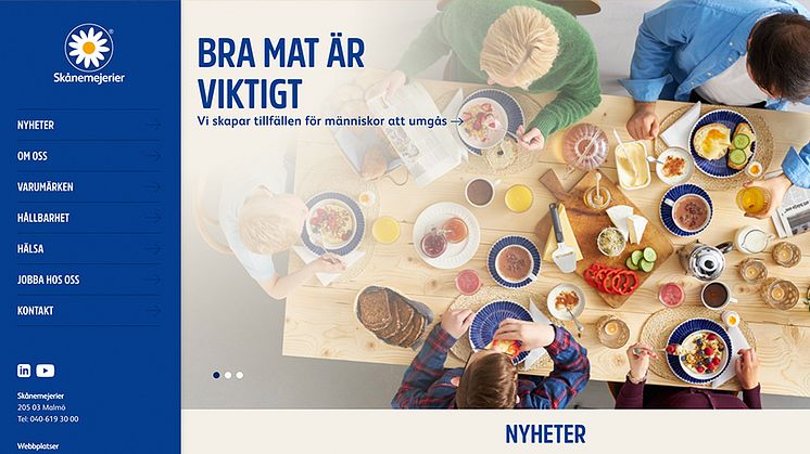 Startsidan för Skånemejeriers nya företagshemsida.
