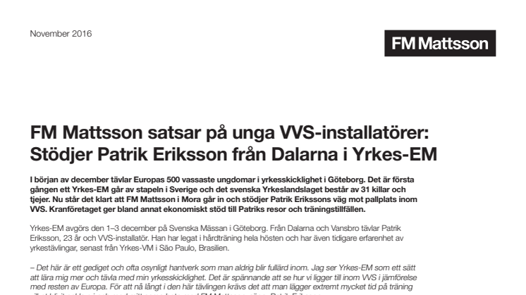 FM Mattsson satsar på unga VVS-installatörer: Stödjer Patrik Eriksson från Dalarna i Yrkes-EM