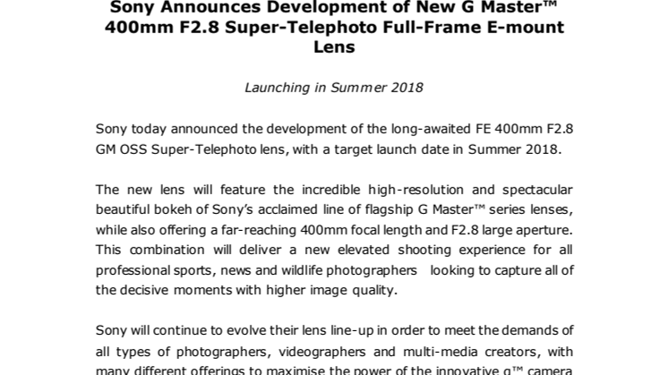Sony utvecklar fullformats-objektivet G Master™ 400mm F2.8 Super-Telephoto