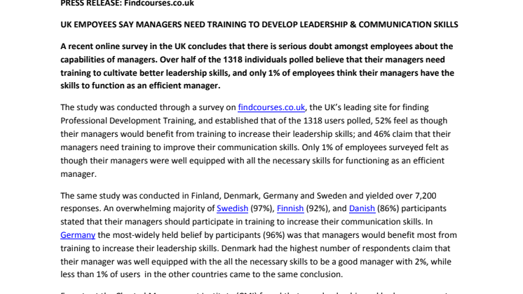 UK EMPOYEES SAY MANAGERS NEED TRAINING TO DEVELOP LEADERSHIP & COMMUNICATION SKILLS