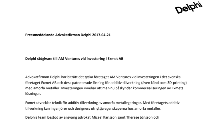 Delphi rådgivare till AM Ventures vid investering i Exmet AB
