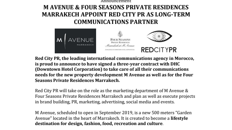 M Avenue & Four Seasons Private Residences Marrakech Appoint Red City PR as Long-Term Communications Partner