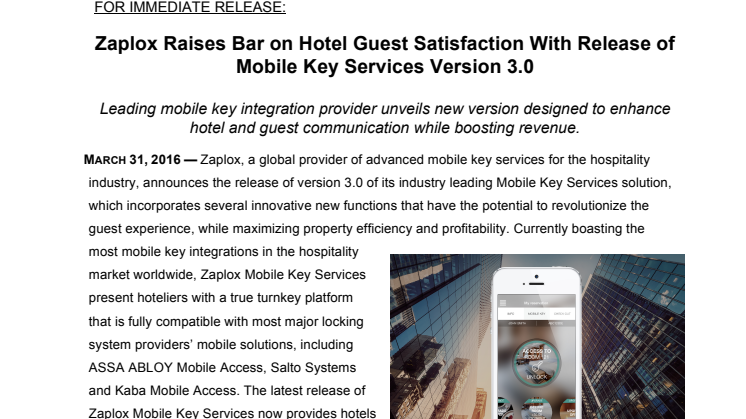 Zaplox Raises Bar on Hotel Guest Satisfaction With Release of Mobile Key Services Version 3.0 