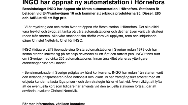 INGO har öppnat ny automatstation i Hörnefors