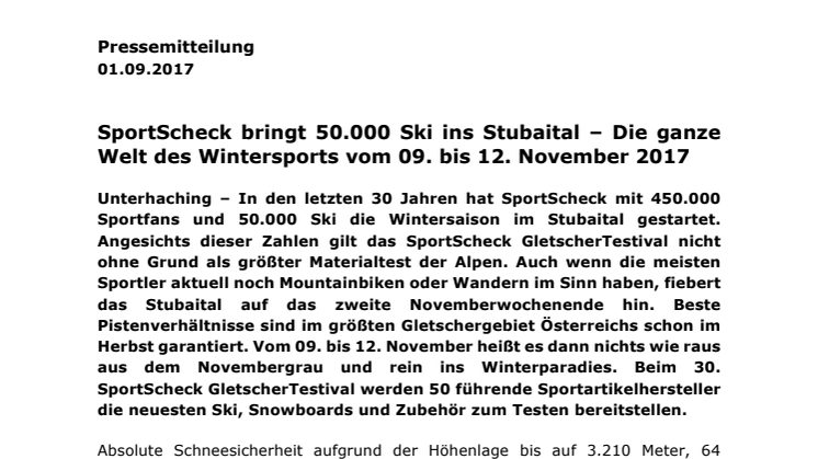 SportScheck bringt 50.000 Ski ins Stubaital – Die ganze Welt des Wintersports vom 09. bis 12. November 2017