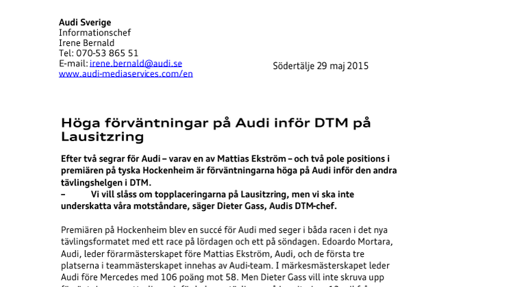 Höga förväntningar på Audi inför DTM på Lausitzring