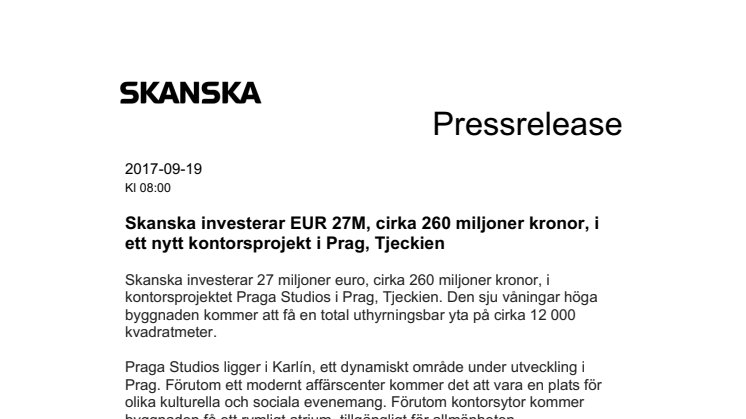 Skanska investerar EUR 27M, cirka 260 miljoner kronor, i ett nytt kontorsprojekt i Prag, Tjeckien