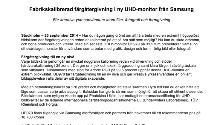 Fabrikskalibrerad färgåtergivning i ny UHD-monitor från Samsung