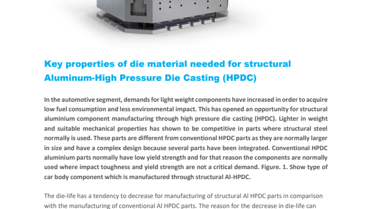 New technical article: Key properties of die material needed for structural Aluminum-High Pressure Die Casting (HPDC)