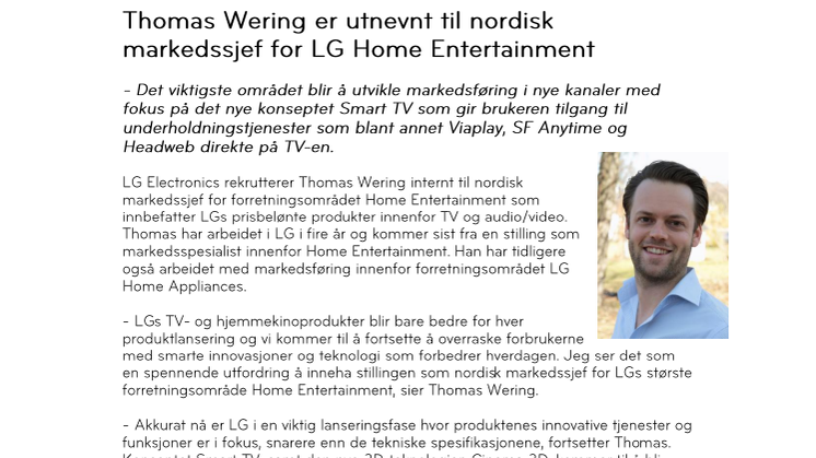 Thomas Wering er utnevnt til nordisk markedssjef for LG Home Entertainment