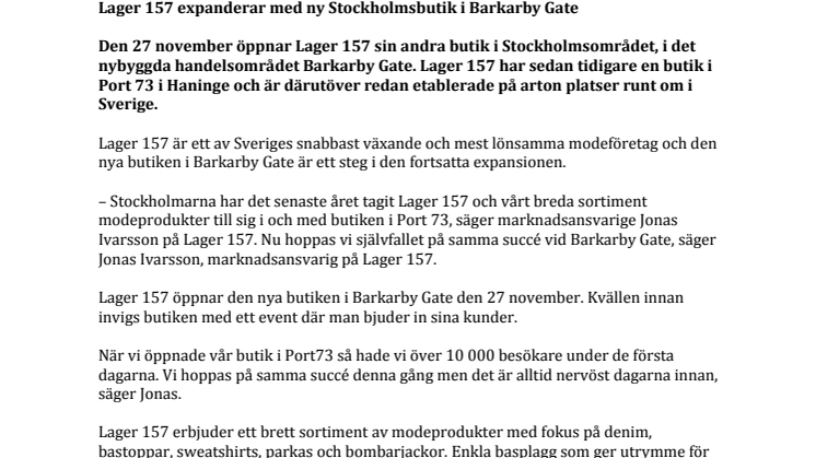 Lager 157 expanderar med ny Stockholmsbutik i Barkarby Gate