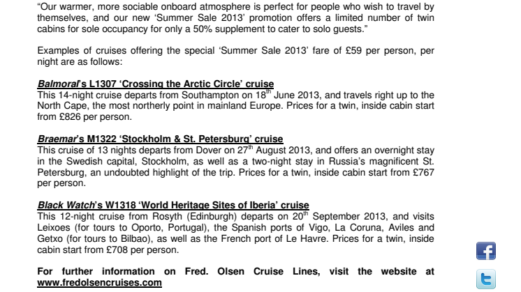 Fred. Olsen Cruise Lines launches ‘Summer Sale 2013’