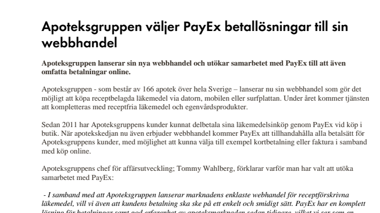 ​Apoteksgruppen väljer PayEx betallösningar till sin webbhandel