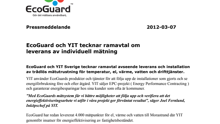 EcoGuard och YIT tecknar ramavtal om leverans av individuell mätning