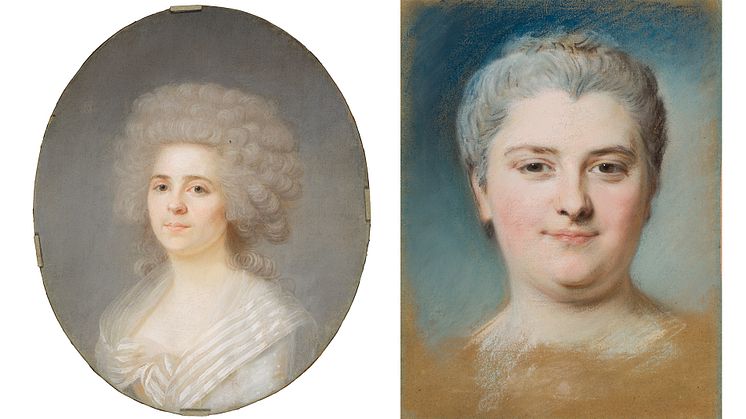 Joseph Boze, Portrait of Rose Bertin. Maurice Quentin de la Tour, Portrait of an Unknown Woman. Photo: Cecilia Heisser and Anna Danielsson/Nationalmuseum. 