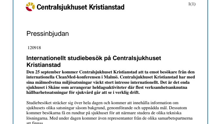 Pressinbjudan: Internationellt studiebesök på Centralsjukhuset Kristianstad