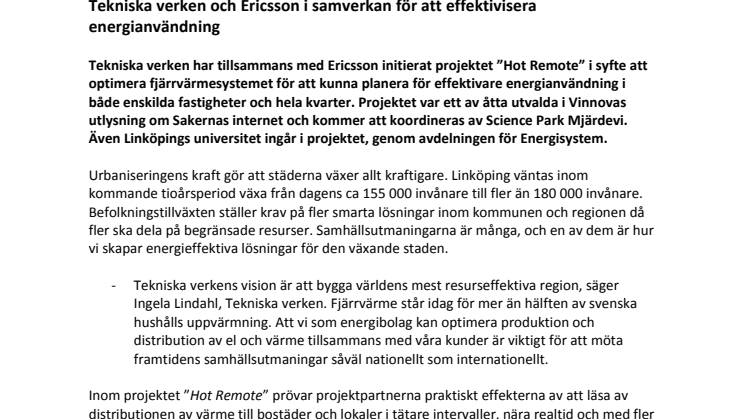 ​Tekniska verken och Ericsson i samverkan för att effektivisera energianvändning