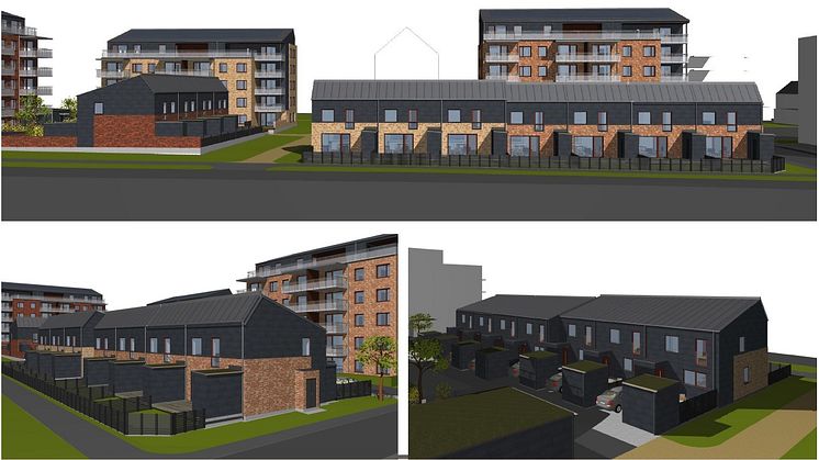 På natursköna Pålsjö Äng blir det drygt 70 nya bostäder. Radhusen i två plan är omkring 100 kvm. Skiss: Möller Arkitekter i Ängelholm