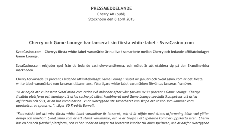 Cherry och Game Lounge har lanserat sin första white label – SveaCasino.com