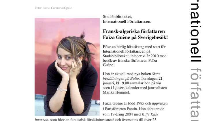 Stadsbiblioteket: Fransk-algeriska författaren Faïza Guène på Sverigebesök!