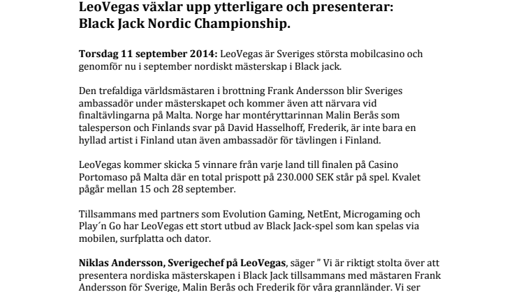 LeoVegas.com presenterar -  Black Jack Nordic Championship.