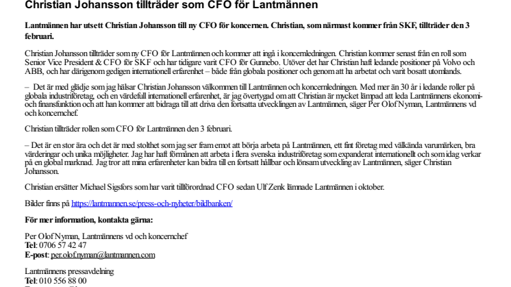 Christian Johansson tillträder som CFO för Lantmännen