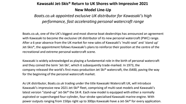 Kawasaki Jet-Skis® Return to UK Shores with Impressive 2021  New Model Line-Up