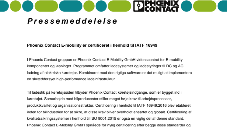 Phoenix Contact E-mobility er certificeret i henhold til IATF 16949