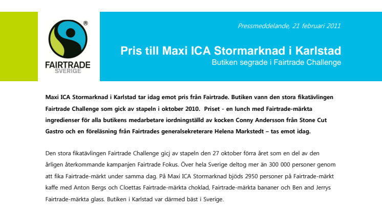 Pris till Maxi ICA Stormarknad i Karlstad för seger i Fairtrade Challenge