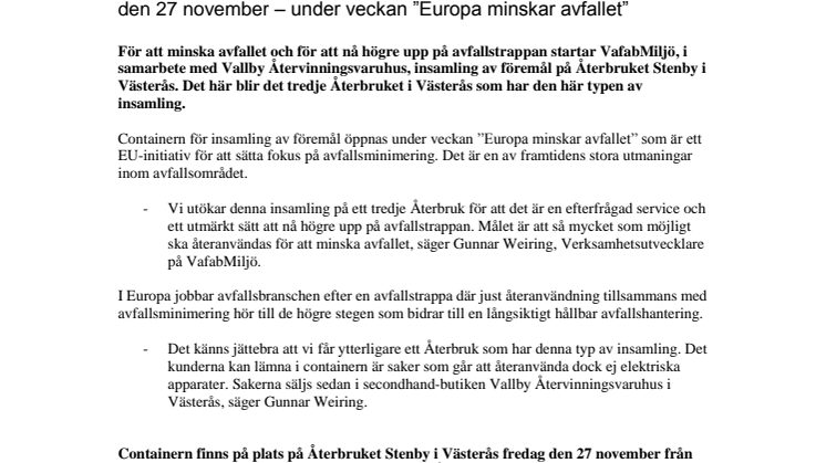 Insamling av föremål startar på Återbruket Stenby i Västerås fredag den 27 november – under veckan ”Europa minskar avfallet”