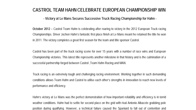Castrol Team Hahn vinner 2012 European Trucking Racing Championships in Le Mans 