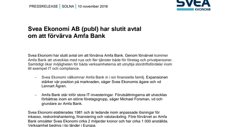 Svea Ekonomi AB (publ) har slutit avtal om att förvärva Amfa Bank