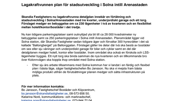 Lagakraftvunnen plan för stadsutveckling i Solna intill Arenastaden