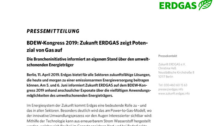 BDEW-Kongress 2019: Zukunft ERDGAS zeigt Potenzial von Gas auf