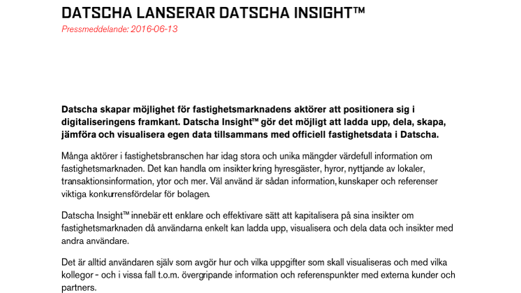 Datscha lanserar Datscha Insight™