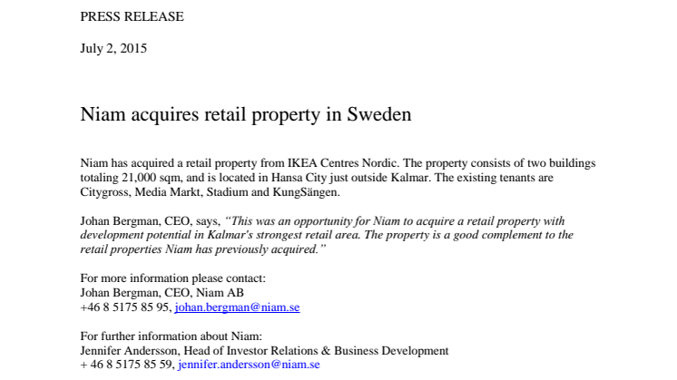 Niam acquires retail property in Sweden