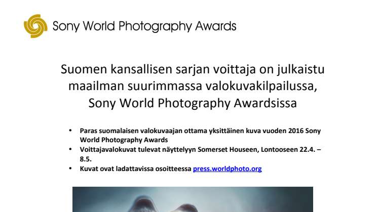 Suomen kansallisen sarjan voittaja on julkaistu maailman suurimmassa valokuvakilpailussa, Sony World Photography Awardsissa