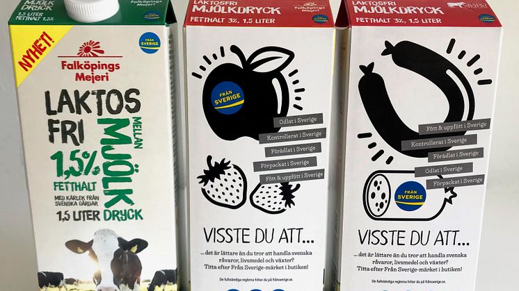På baksidorna på Falköpings Mejeri nya laktosfria mjölkdryck, under varumärkena Falköpings Mejeri och Grådö Mejeri, kan man läsa om Från Sverige-märkning på 6 olika baksidor.