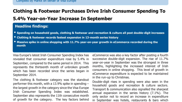 Visa Europe's Irish Consumer Spending Index - 12 October 2015