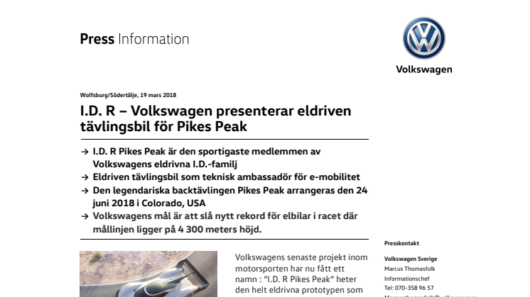 I.D. R – Volkswagen presenterar eldriven tävlingsbil för Pikes Peak