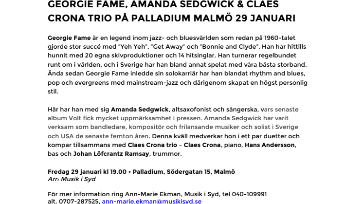 Georgie Fame, Amanda Sedgwick & Claes Crona Trio på Palladium Malmö 29 januari