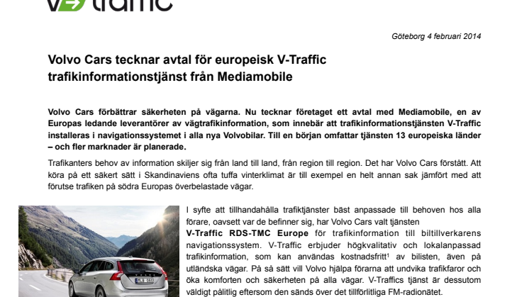 Volvo Cars tecknar avtal för europeisk V-Traffic trafikinformationstjänst från Mediamobile