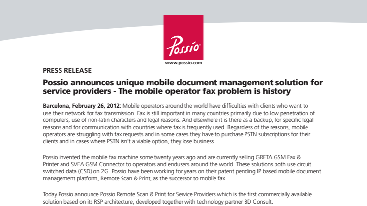 Possio announces unique mobile document management solution for service providers - The mobile operator fax problem is history