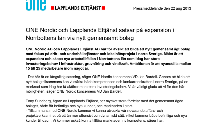 ONE Nordic och Lapplands Eltjänst satsar på expansion i Norrbottens län via nytt gemensamt bolag